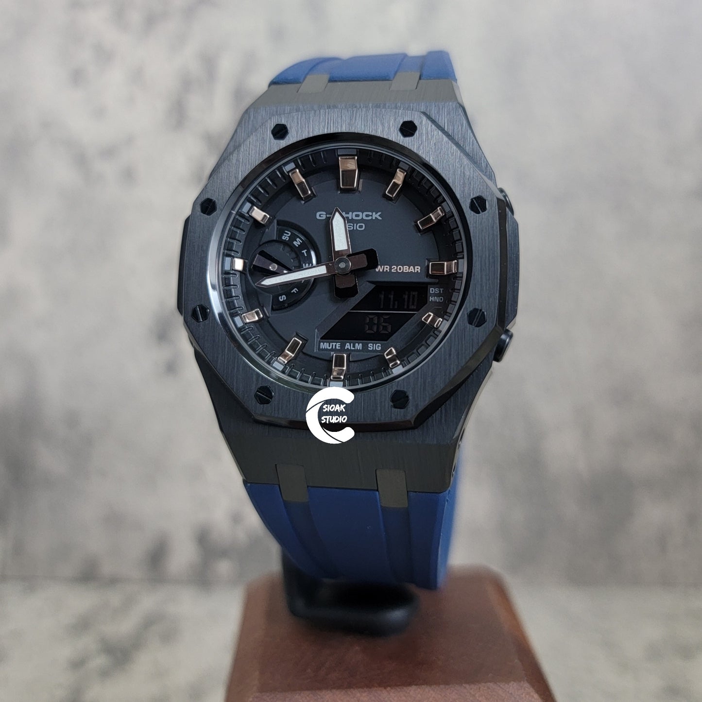 Casioak Mod Watch Black Case Blue Rubber Strap Black Rose Gold Time Mark Black Dial 42mm - Casioak Studio