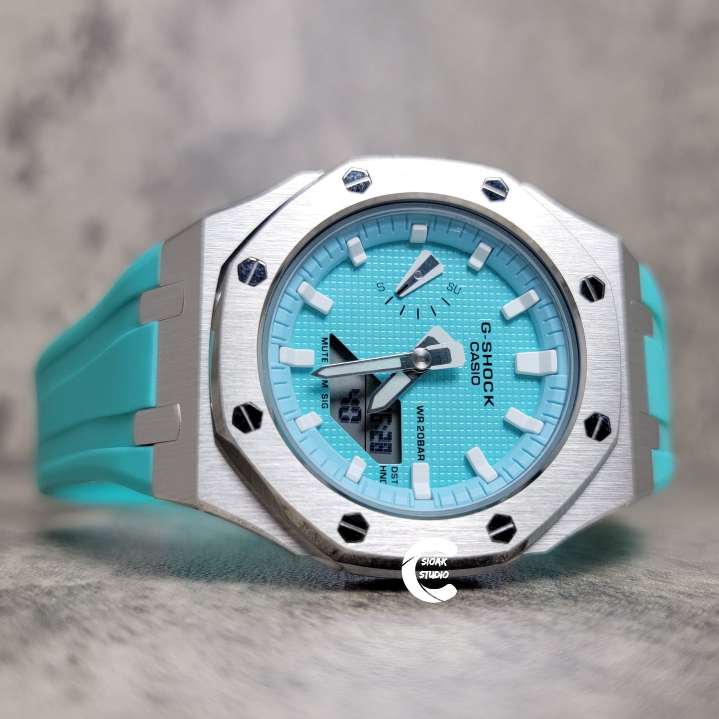 Casioak Mod Watch Silver Case Tiffany Rubber Strap Tiffany White Time Mark Tiffany Blue Dial 42mm - Casioak Studio