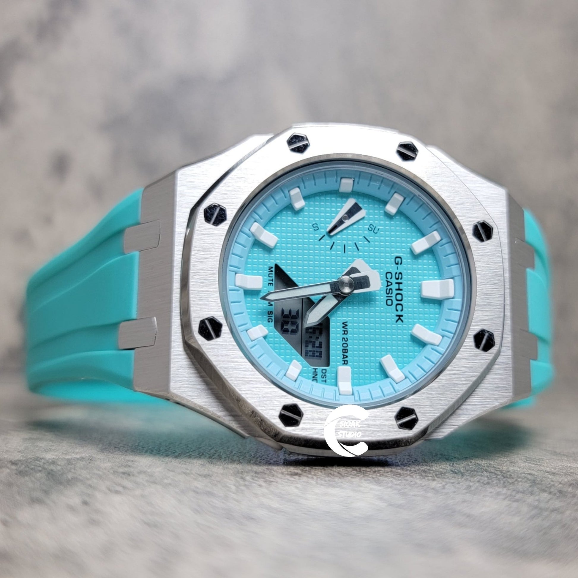 Casioak Mod Watch Silver Case Tiffany Rubber Strap Tiffany White Time Mark Tiffany Blue Dial 42mm - Casioak Studio