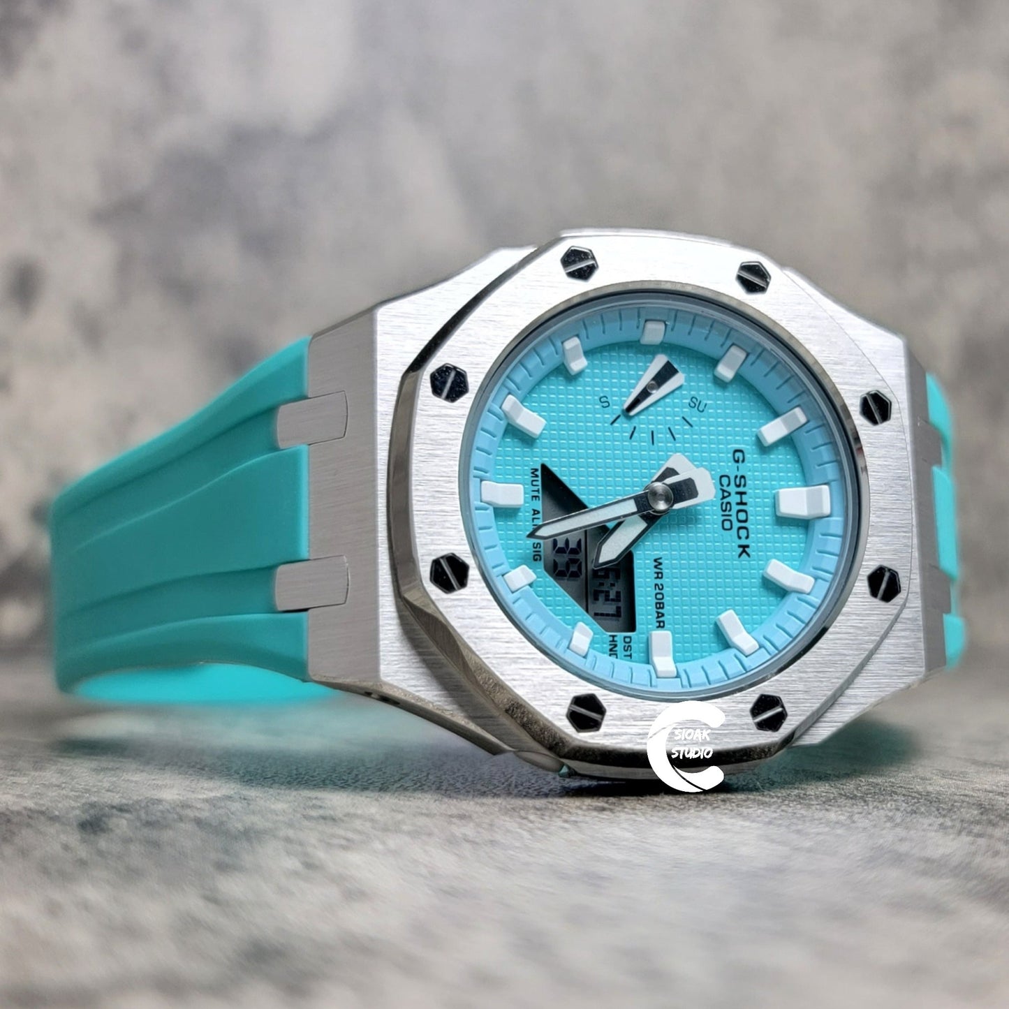 Casioak Mod Watch Silver Case Tiffany Rubber Strap Tiffany White Time Mark Tiffany Blue Dial 42mm - Casioak Studio