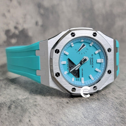 Casioak Mod Watch Silver Case Tiffany Rubber Strap Tiffany White Time Mark Tiffany Blue Dial 42mm - Casioak Studio