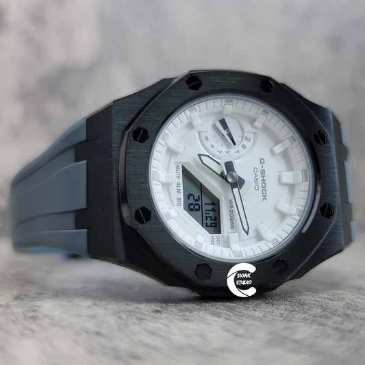 Casioak Mod Watch Black Case Gray Rubber Strap White Time Mark White Dial 42mm - Casioak Studio
