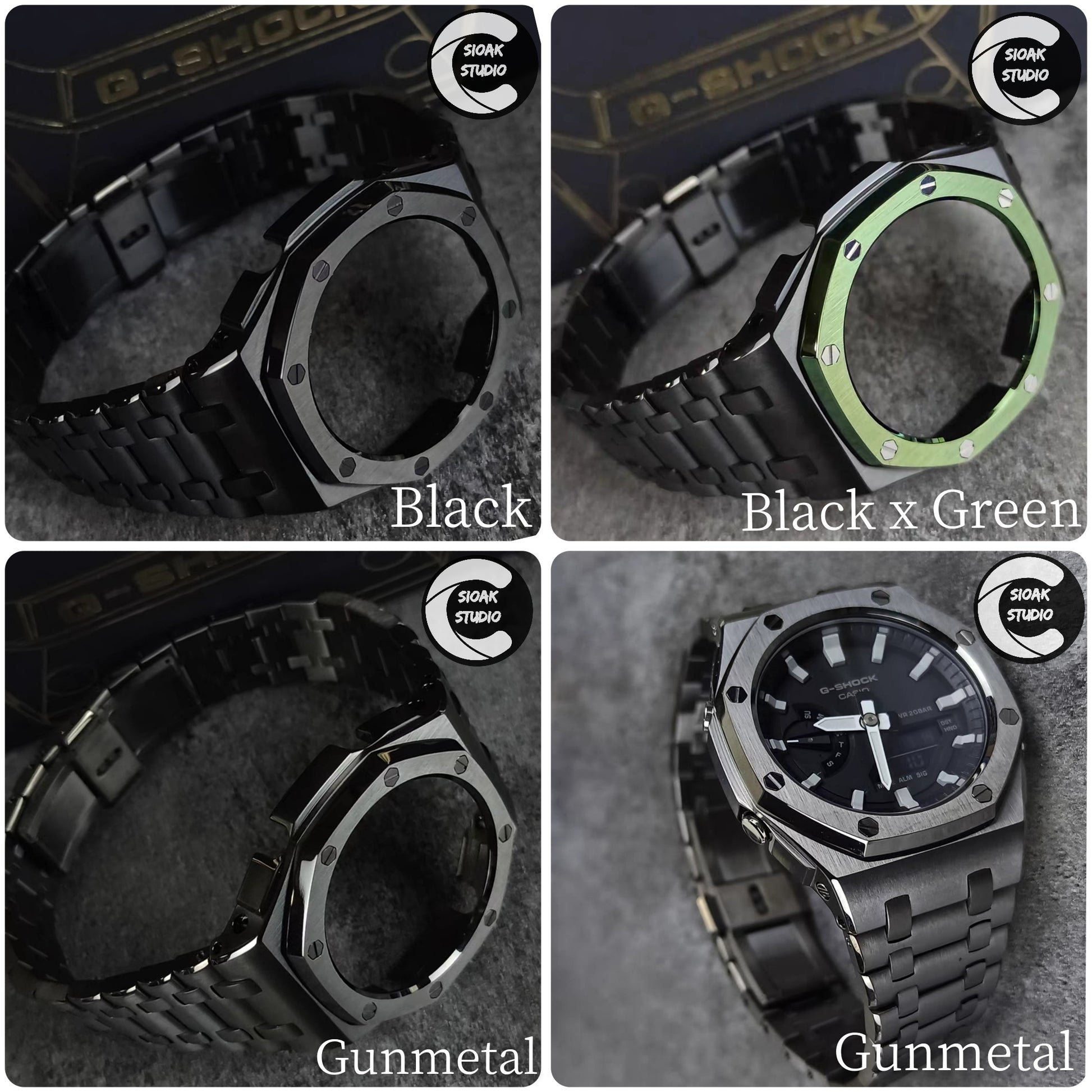 Casioak Mod Watch Offshore Superior Gray Case Metal Strap Black Rainbow Time Mark Black Dial 44mm - Casioak Studio