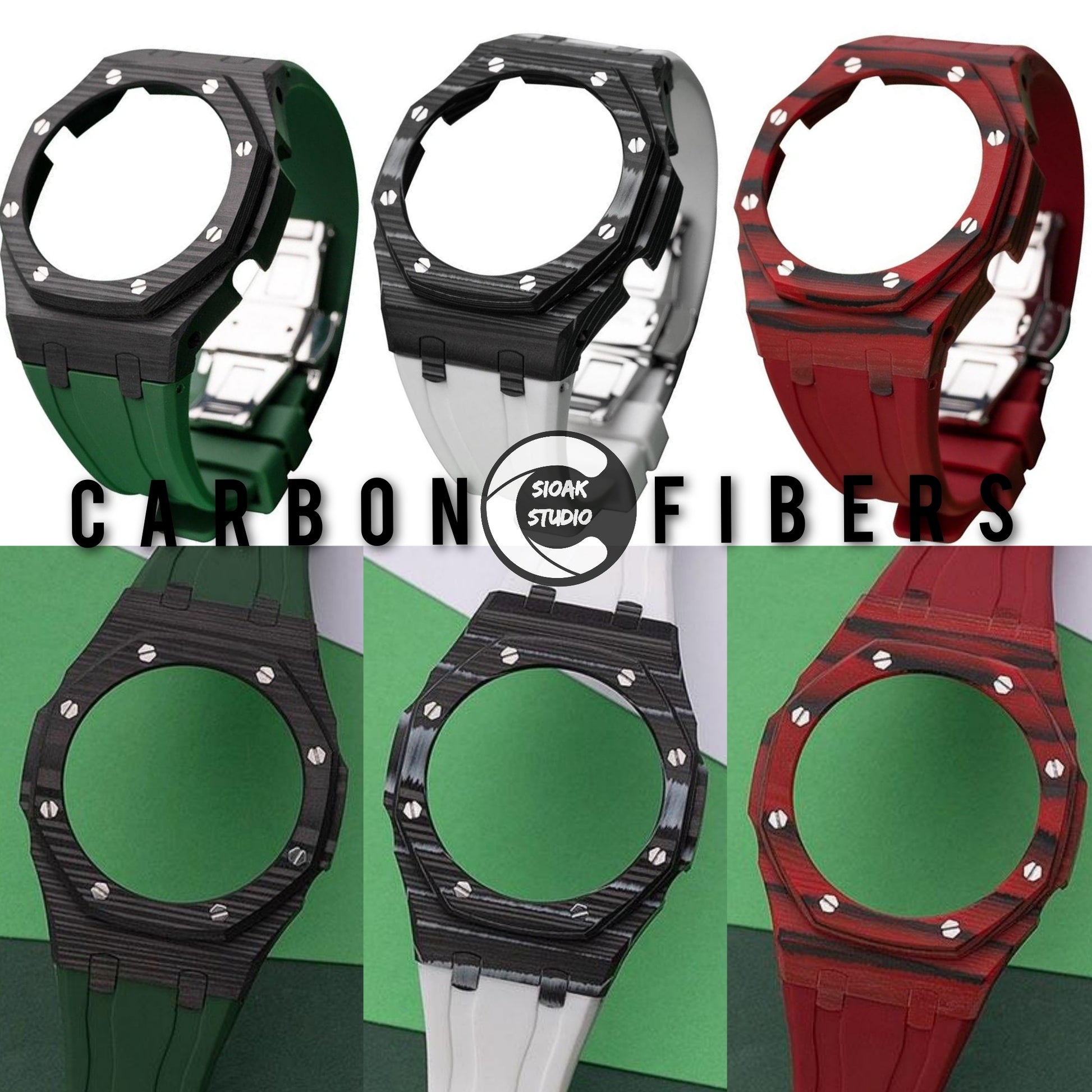 Casioak Mod Watch Carbon Fiber Case White Strap Black Rainbow Time Mark Black Dial 44mm - Casioak Studio