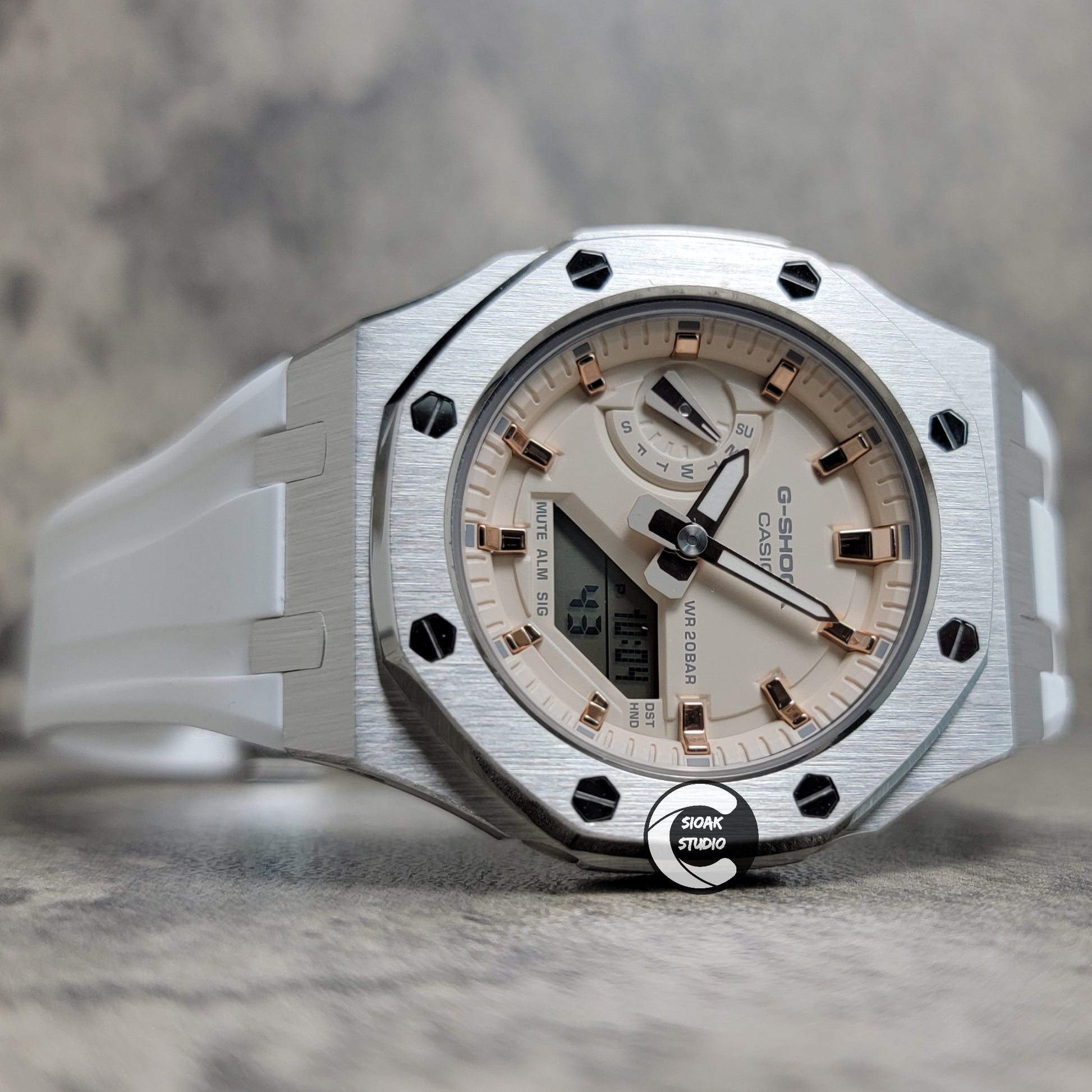 Casioak Mod Watch Silver Case White Rubber Strap Beige Rose Gold Time Mark Beige Dial 42mm Custom G-SHOCK Watch - Casioak Studio