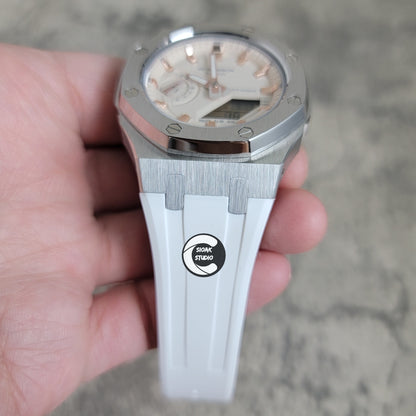 Casioak Mod Watch Silver Case White Rubber Strap Beige Rose Gold Time Mark Beige Dial 42mm Custom G-SHOCK Watch - Casioak Studio