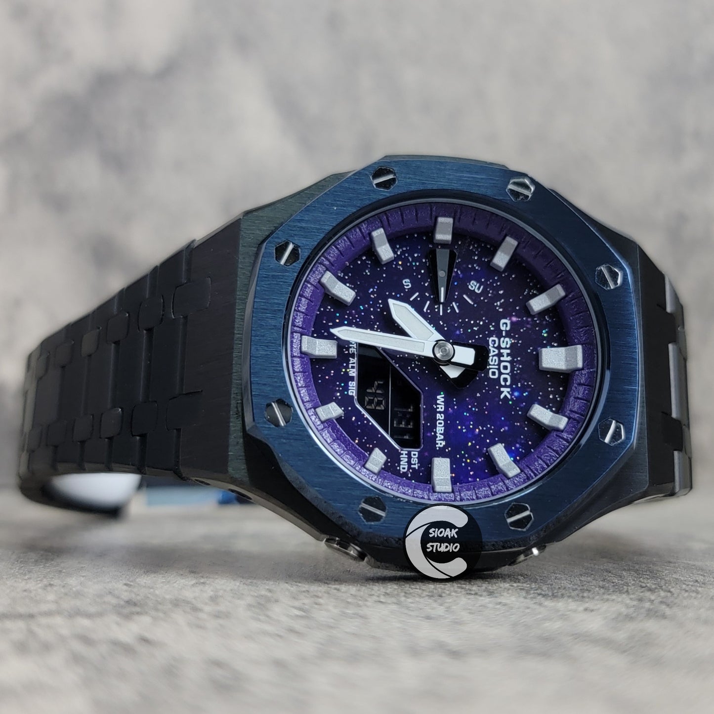 Casioak Mod Watch Blue Black Case Metal Strap Purple Silver Time Mark Purple Dial 44mm - Casioak Studio