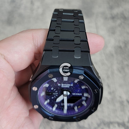 Casioak Mod Watch Blue Black Case Metal Strap Purple Silver Time Mark Purple Dial 44mm - Casioak Studio