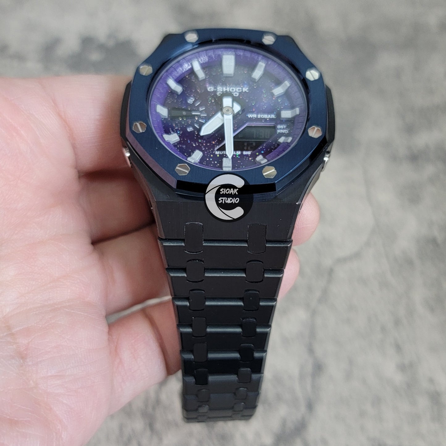 Casioak Mod Watch Blue Black Case Metal Strap Purple Silver Time Mark Purple Dial 44mm - Casioak Studio