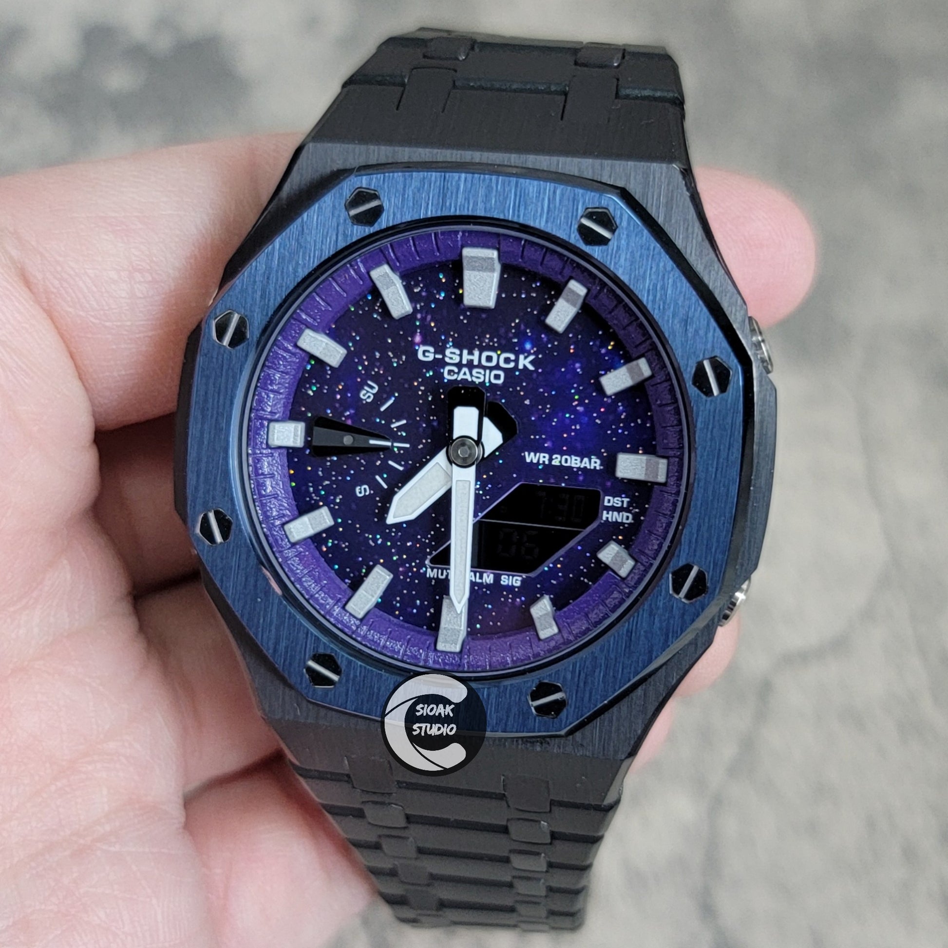 Casioak Mod Watch Blue Black Case Metal Strap Purple Silver Time Mark Purple Dial 44mm - Casioak Studio