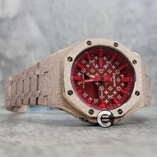 Casioak Mod Watch Frosted Rose Gold Case Metal Strap Red Time Mark Red Dial 44mm