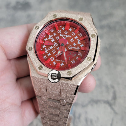 Casioak Mod Watch Frosted Rose Gold Case Metal Strap Red Time Mark Red Dial 44mm - Casioak Studio