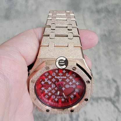 Casioak Mod Watch Frosted Rose Gold Case Metal Strap Red Time Mark Red Dial 44mm - Casioak Studio