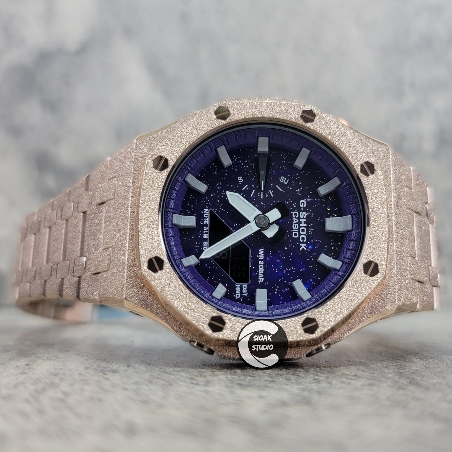 Casioak Mod Watch Frosted Rose Gold Case Metal Strap Purple Silver Time Mark Purple Dial 44mm - Casioak Studio