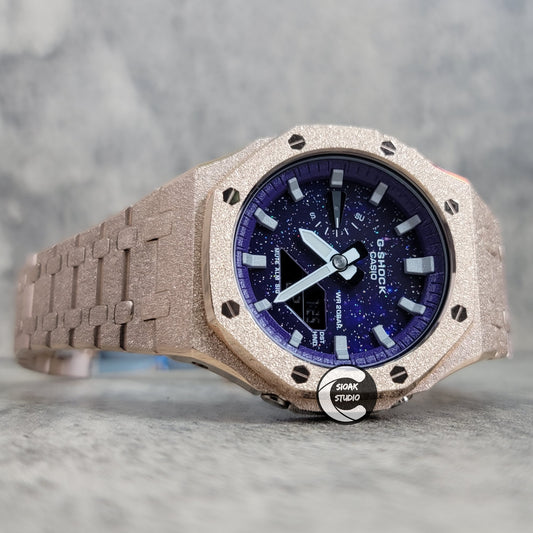 Casioak Mod Watch Frosted Rose Gold Case Metal Strap Purple Silver Time Mark Purple Dial 44mm