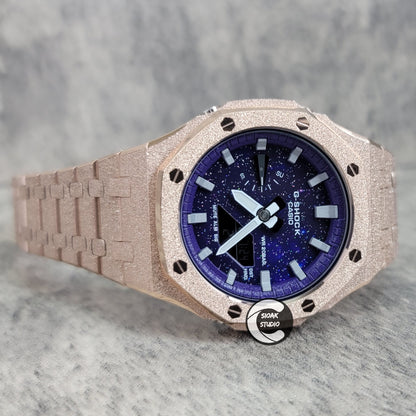 Casioak Mod Watch Frosted Rose Gold Case Metal Strap Purple Silver Time Mark Purple Dial 44mm - Casioak Studio