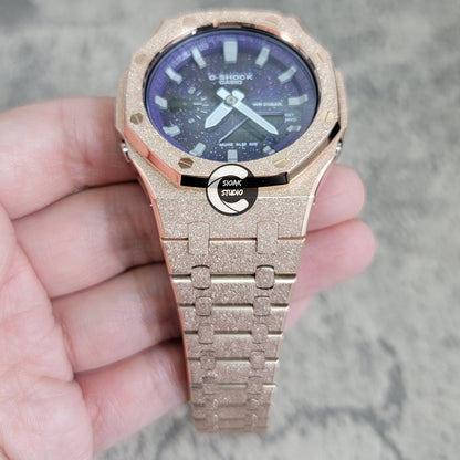 Casioak Mod Watch Frosted Rose Gold Case Metal Strap Purple Silver Time Mark Purple Dial 44mm - Casioak Studio