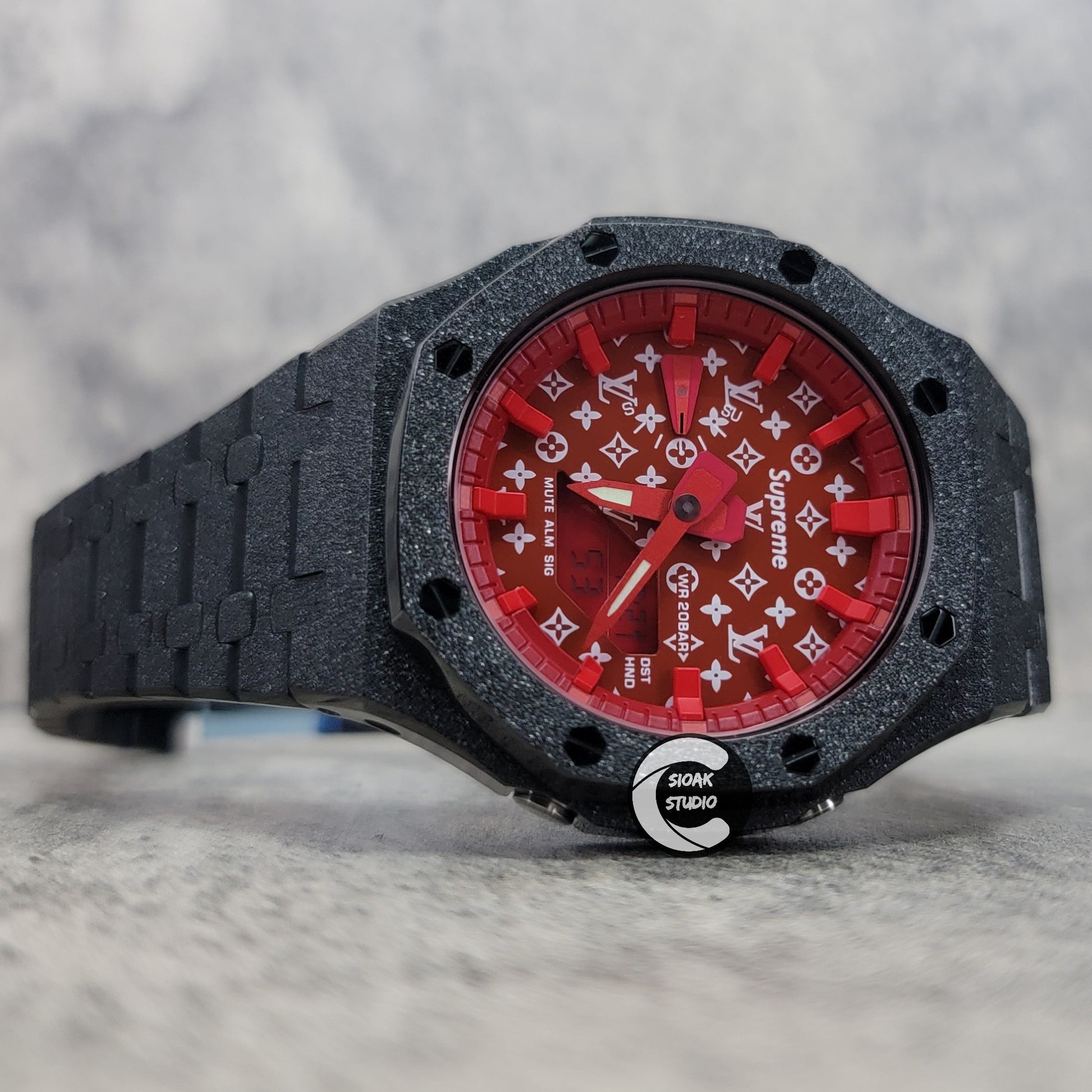 Casioak Mod Watch Frosted Black Case Metal Strap Red Time Mark Red Dial 44mm - Casioak Studio