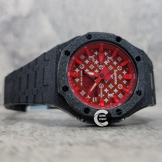 Casioak Mod Watch Frosted Black Case Metal Strap Red Time Mark Red Dial 44mm