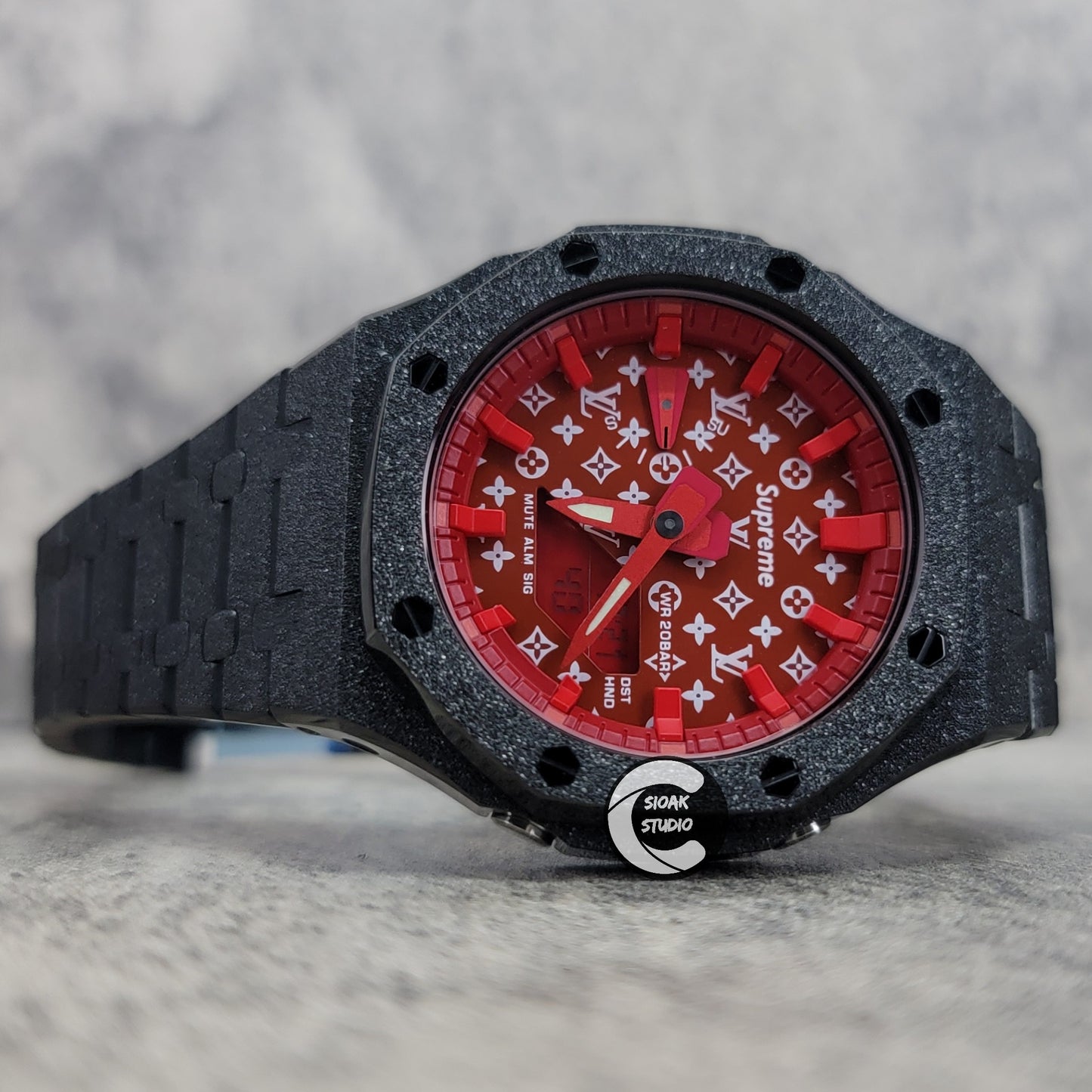 Casioak Mod Watch Frosted Black Case Metal Strap Red Time Mark Red Dial 44mm - Casioak Studio