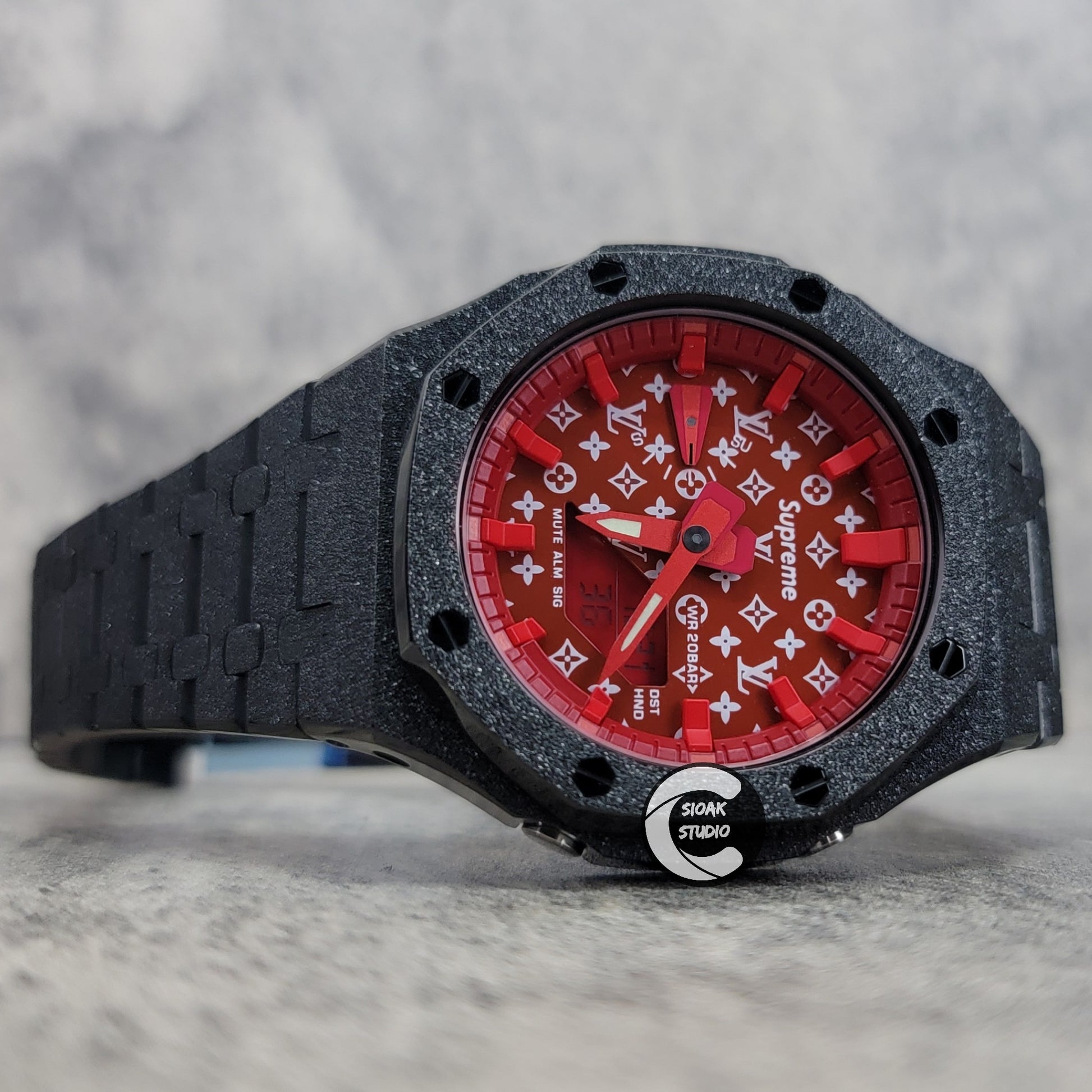 Casioak Mod Watch Frosted Black Case Metal Strap Red Time Mark Red Dial 44mm - Casioak Studio