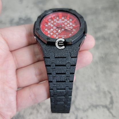 Casioak Mod Watch Frosted Black Case Metal Strap Red Time Mark Red Dial 44mm - Casioak Studio