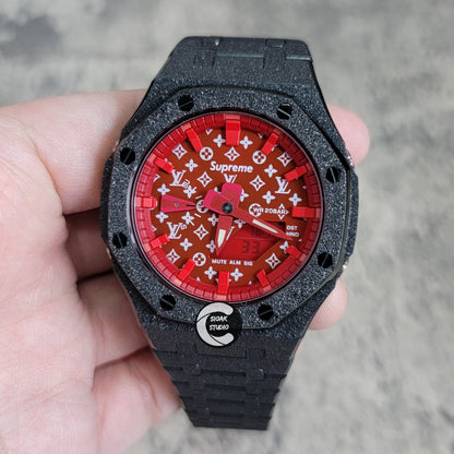 Casioak Mod Watch Frosted Black Case Metal Strap Red Time Mark Red Dial 44mm - Casioak Studio