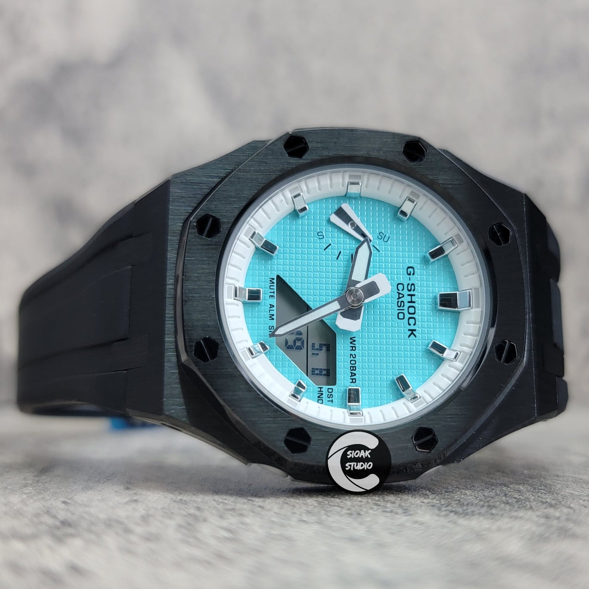 Casioak Mod Watch Black Case Black Rubber Strap White Silver Time Mark Tiffany Blue Dial 42mm - Casioak Studio