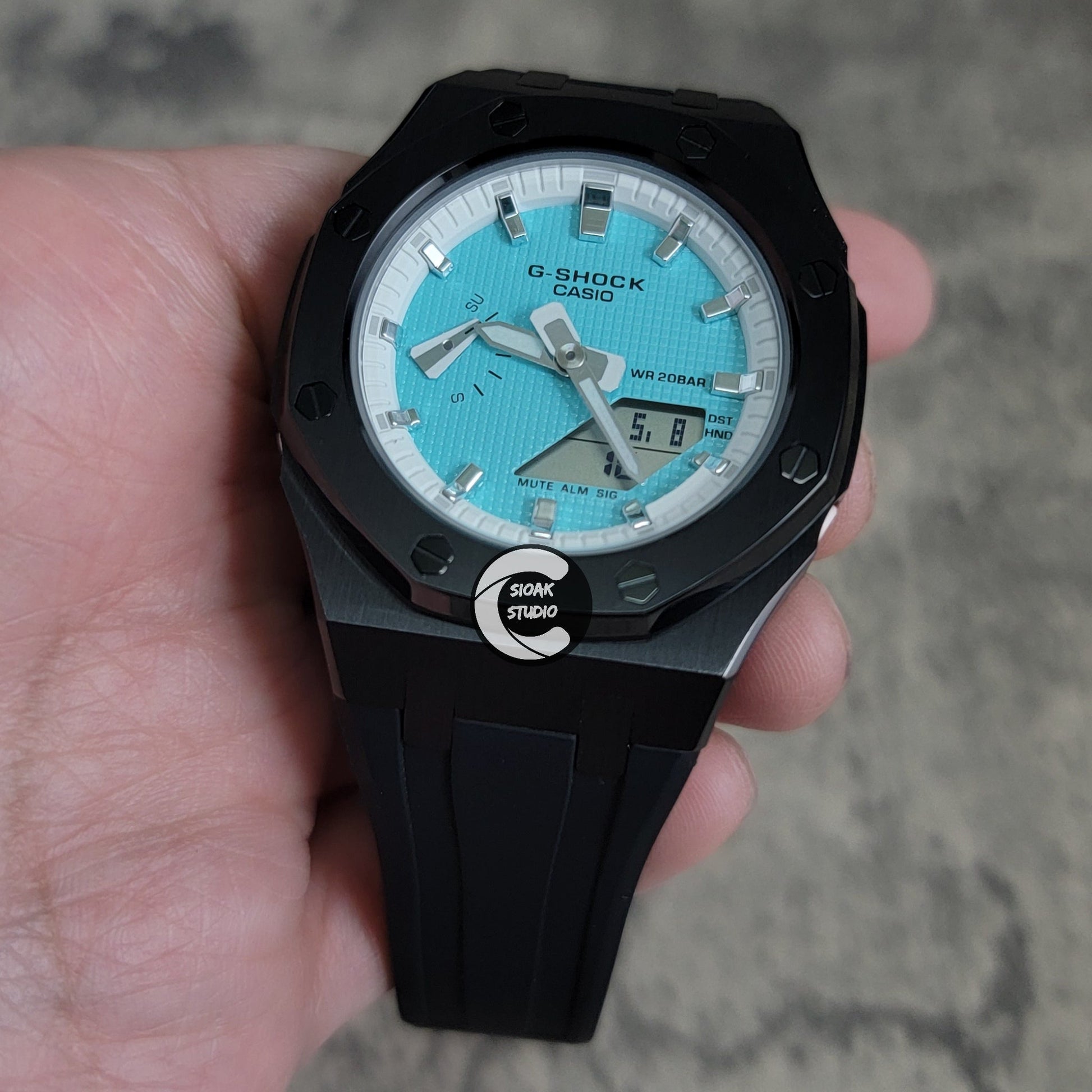 Casioak Mod Watch Black Case Black Rubber Strap White Silver Time Mark Tiffany Blue Dial 42mm - Casioak Studio