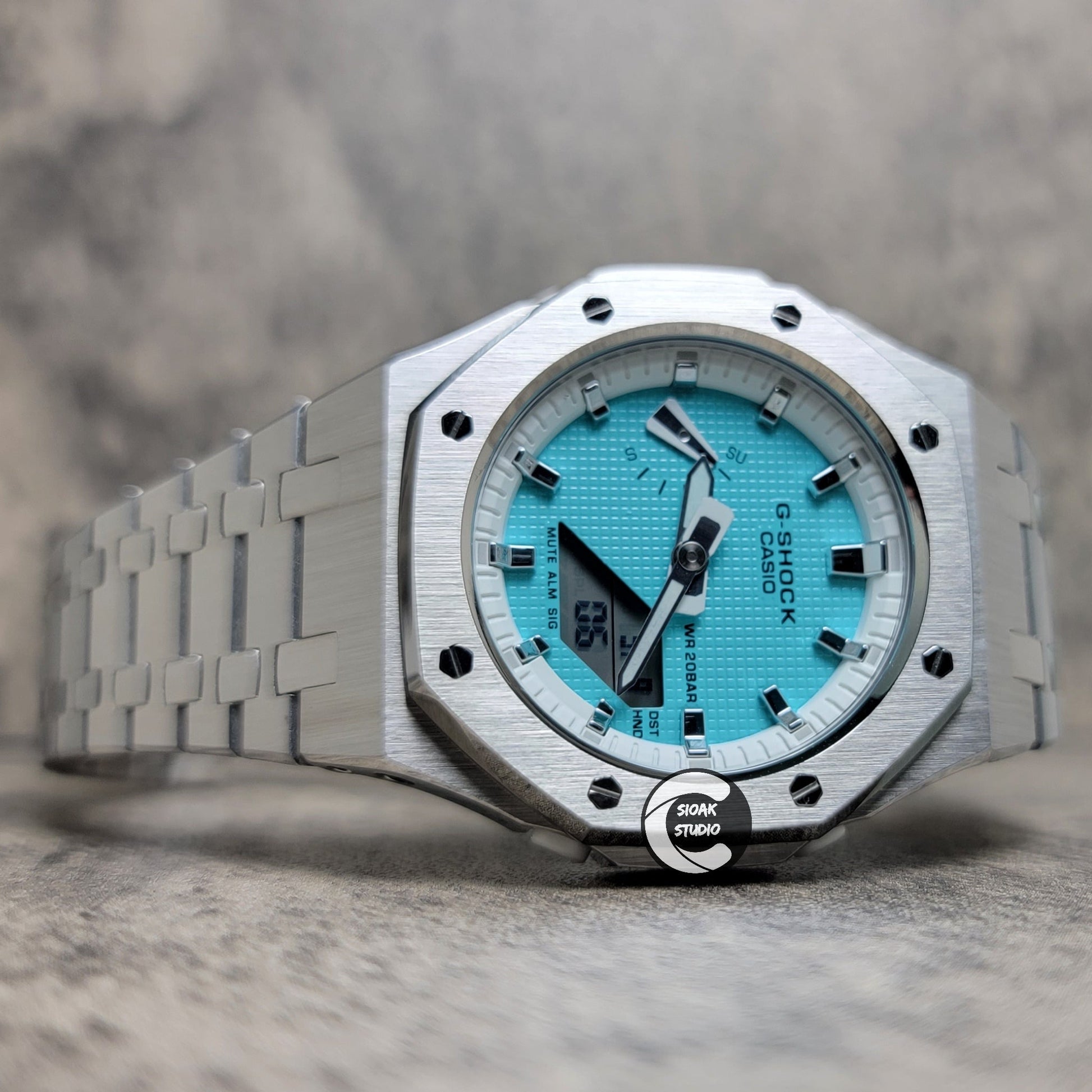 Casioak Mod Watch Silver Case Metal Strap White Silver Time Mark Tiffany Blue Dial 42mm - Casioak Studio