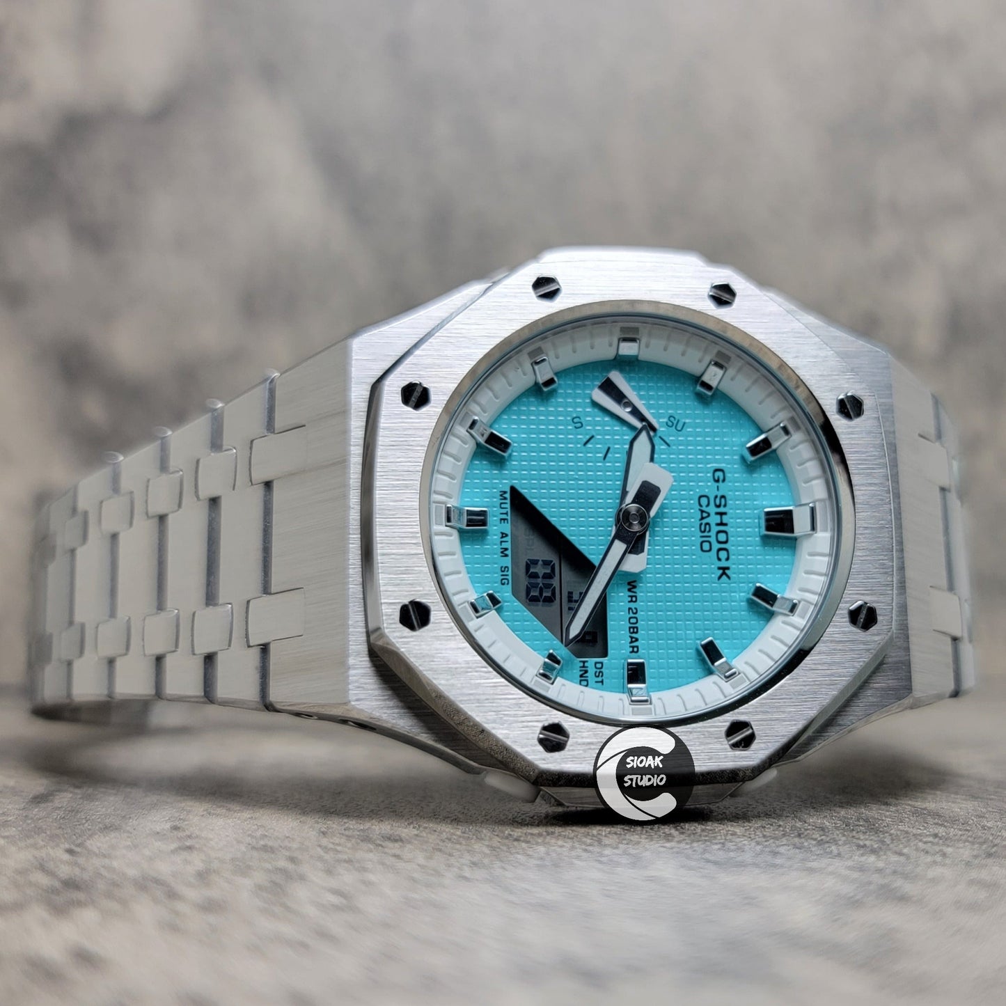 Casioak Mod Watch Silver Case Metal Strap White Silver Time Mark Tiffany Blue Dial 42mm - Casioak Studio