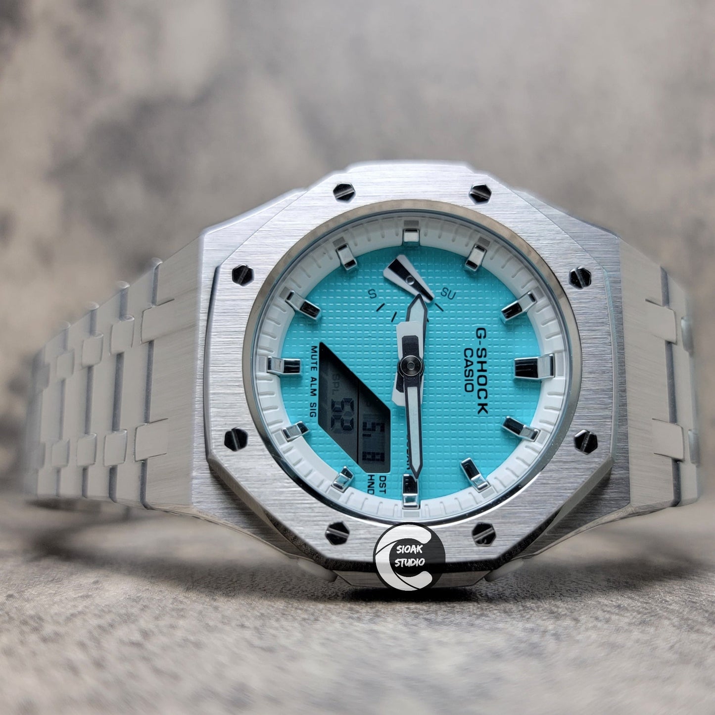 Casioak Mod Watch Silver Case Metal Strap White Silver Time Mark Tiffany Blue Dial 42mm - Casioak Studio