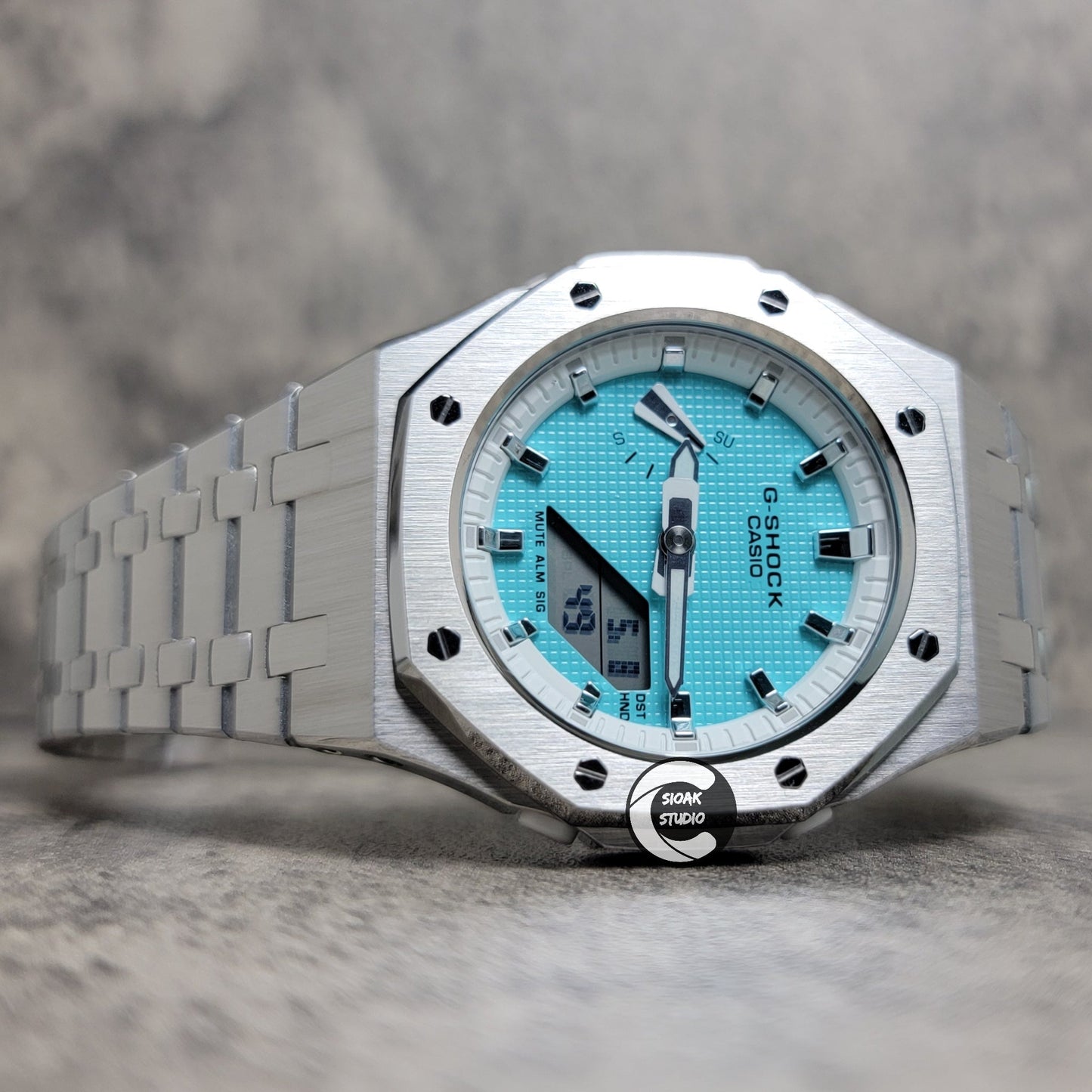 Casioak Mod Watch Silver Case Metal Strap White Silver Time Mark Tiffany Blue Dial 42mm - Casioak Studio