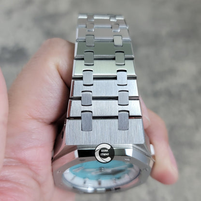 Casioak Mod Watch Silver Case Metal Strap White Silver Time Mark Tiffany Blue Dial 42mm - Casioak Studio