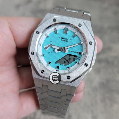 Casioak Mod Watch Silver Case Metal Strap White Silver Time Mark Tiffany Blue Dial 42mm - Casioak Studio