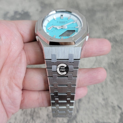 Casioak Mod Watch Silver Case Metal Strap White Silver Time Mark Tiffany Blue Dial 42mm - Casioak Studio