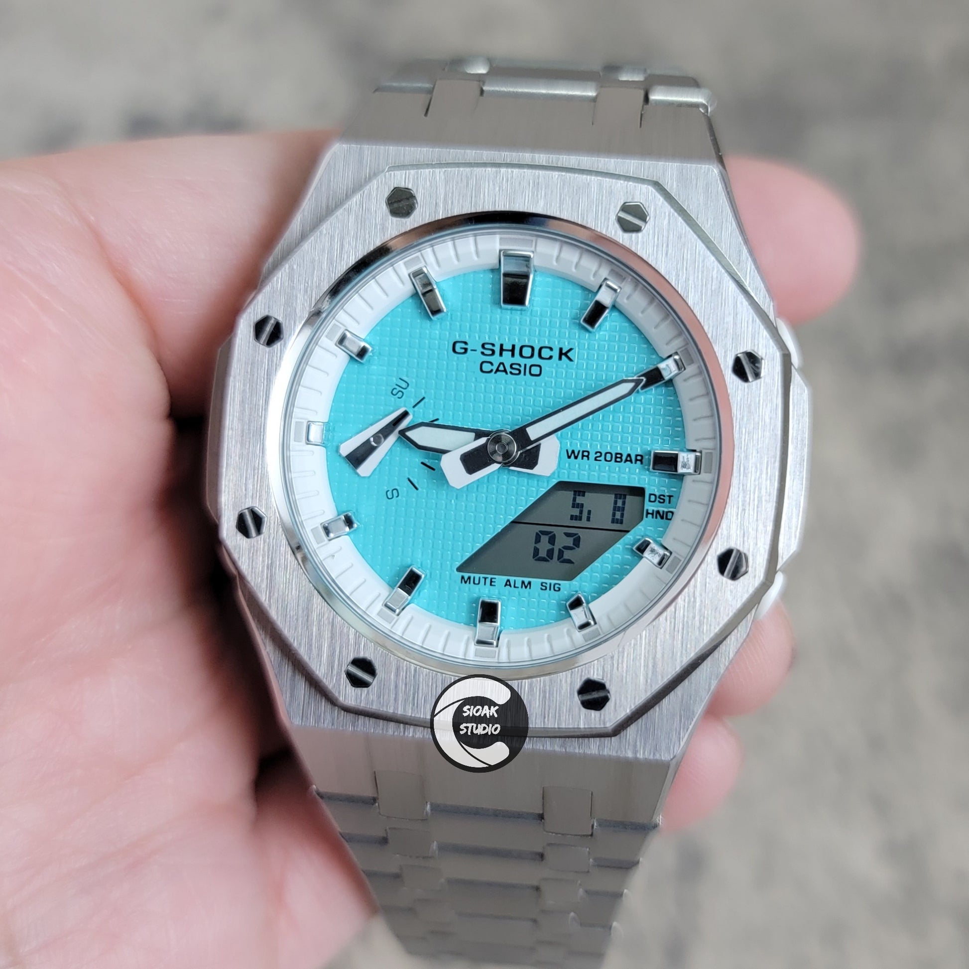 Casioak Mod Watch Silver Case Metal Strap White Silver Time Mark Tiffany Blue Dial 42mm - Casioak Studio