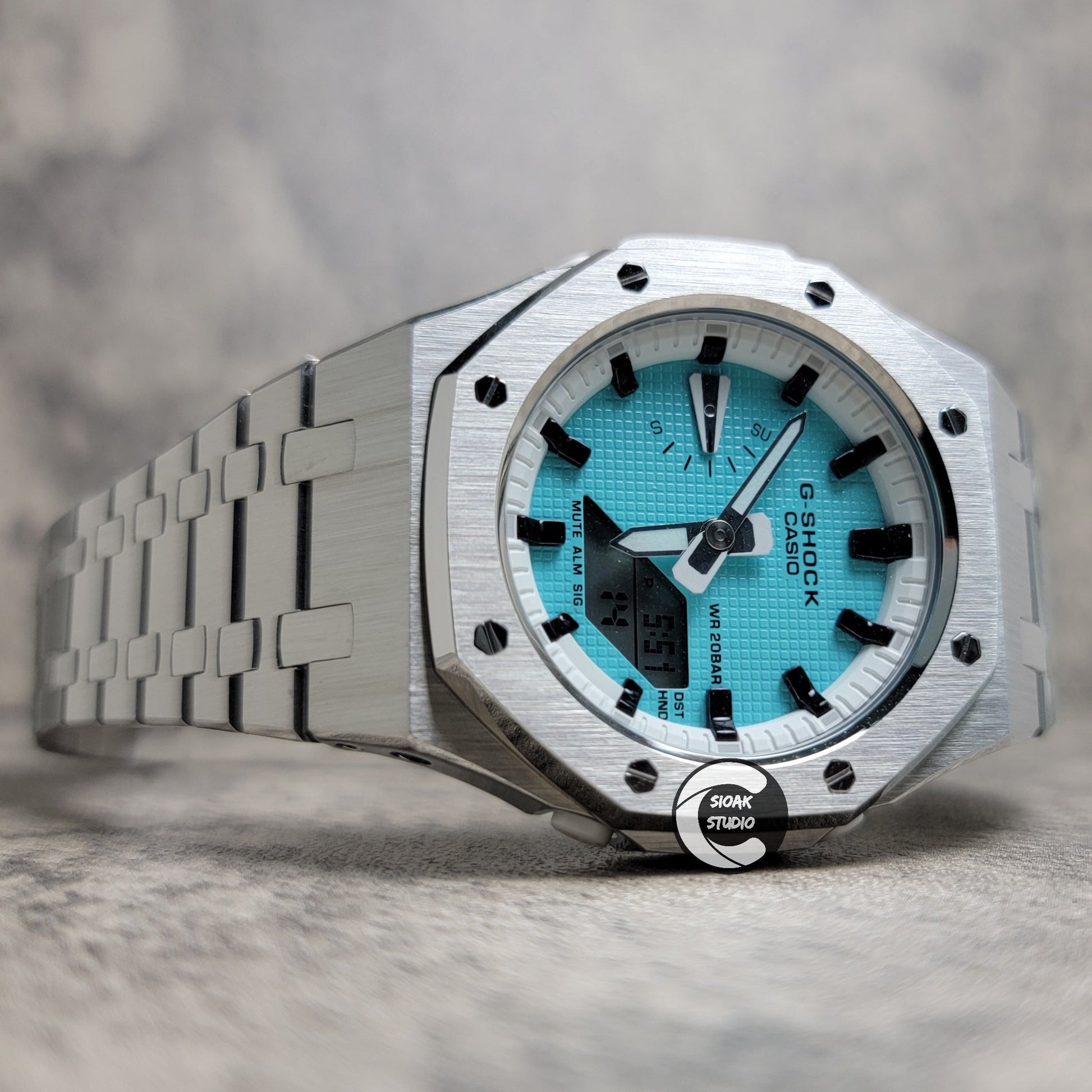 Casioak Mod Watch Silver Case Metal Strap White Black Time Mark Tiffany Blue Dial 42mm - Casioak Studio