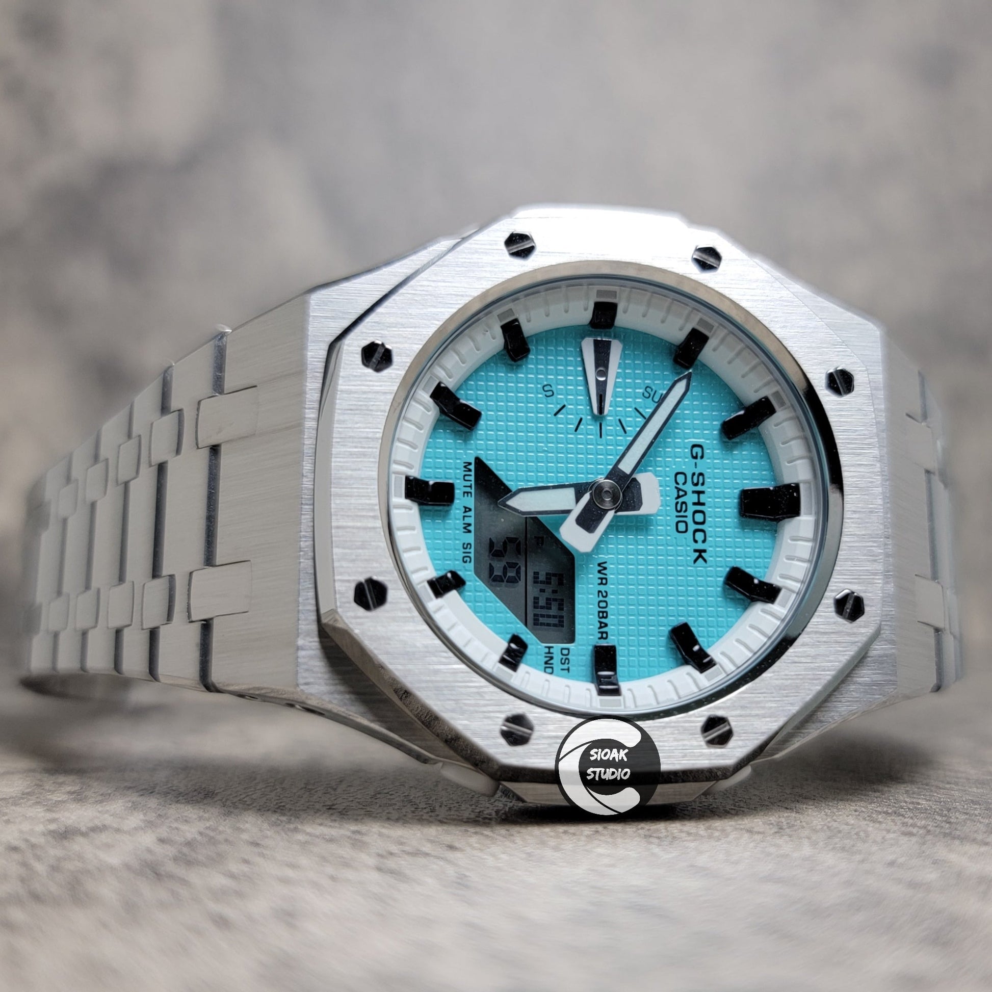 Casioak Mod Watch Silver Case Metal Strap White Black Time Mark Tiffany Blue Dial 42mm - Casioak Studio