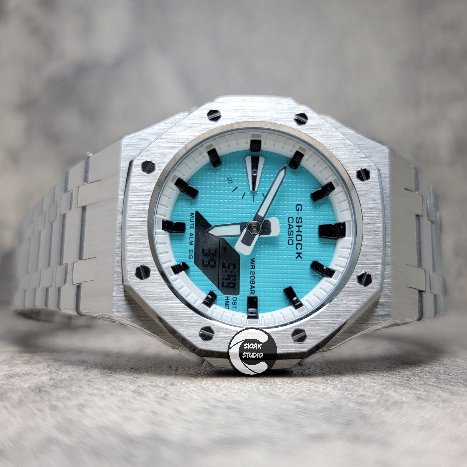 Casioak Mod Watch Silver Case Metal Strap White Black Time Mark Tiffany Blue Dial 42mm - Casioak Studio