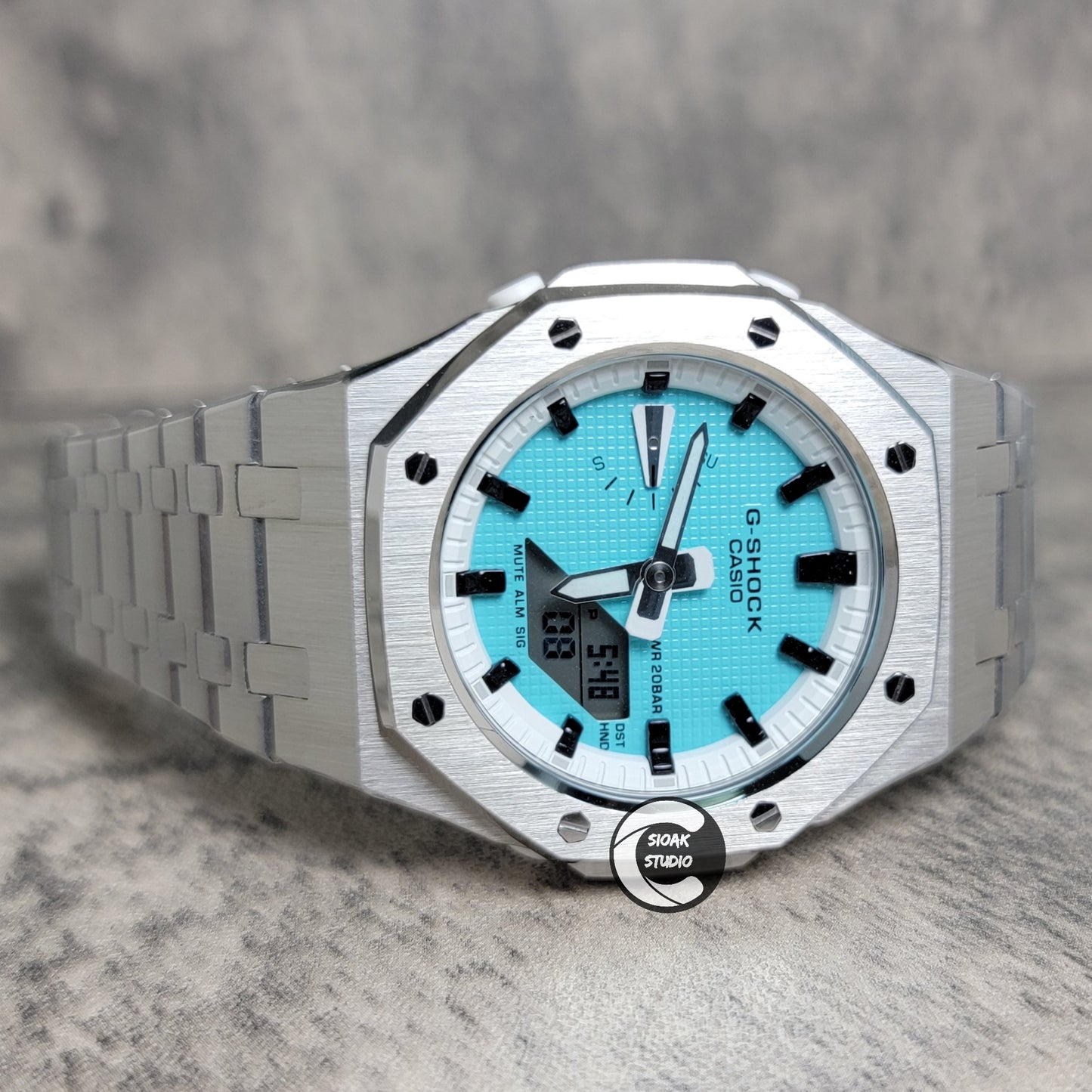 Casioak Mod Watch Silver Case Metal Strap White Black Time Mark Tiffany Blue Dial 42mm - Casioak Studio