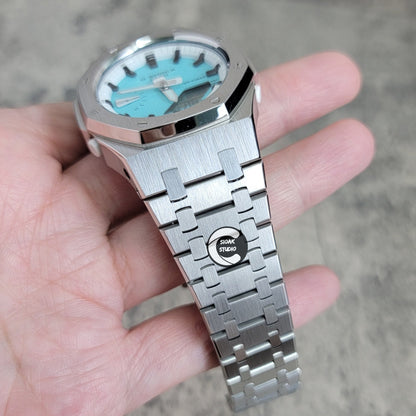 Casioak Mod Watch Silver Case Metal Strap White Black Time Mark Tiffany Blue Dial 42mm - Casioak Studio