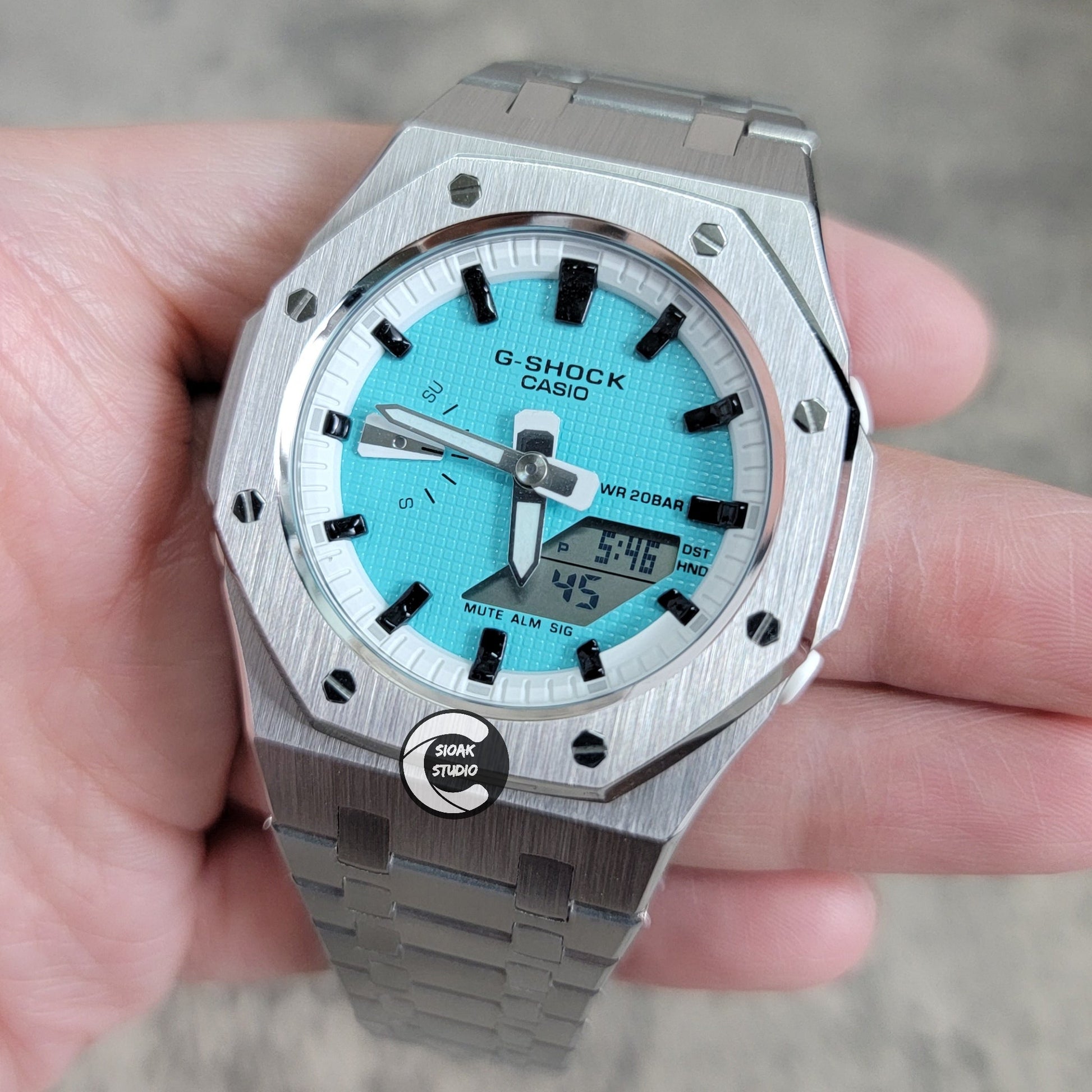 Casioak Mod Watch Silver Case Metal Strap White Black Time Mark Tiffany Blue Dial 42mm - Casioak Studio