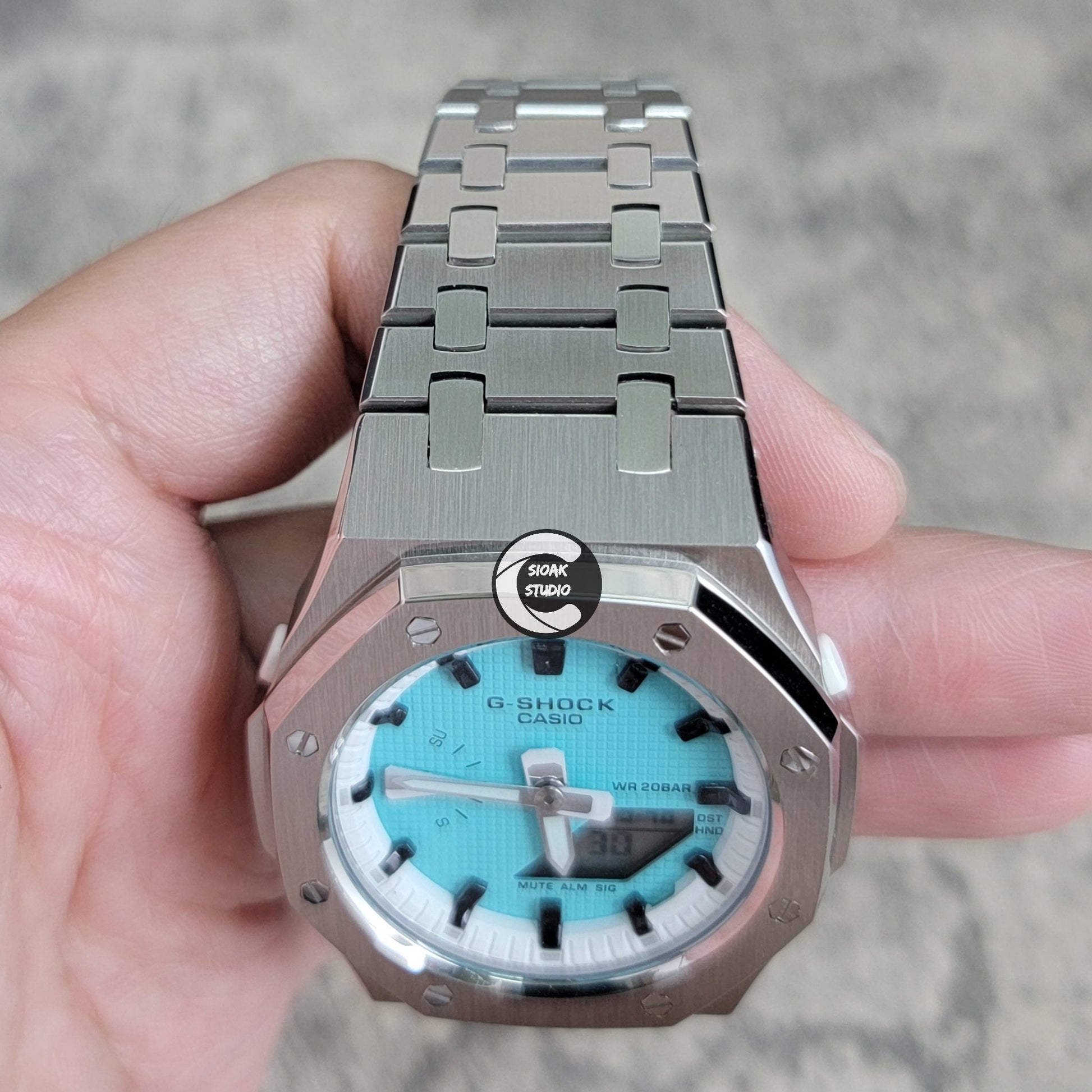 Casioak Mod Watch Silver Case Metal Strap White Black Time Mark Tiffany Blue Dial 42mm - Casioak Studio