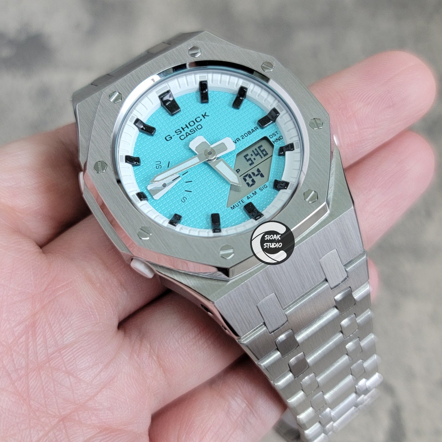 Casioak Mod Watch Silver Case Metal Strap White Black Time Mark Tiffany Blue Dial 42mm - Casioak Studio