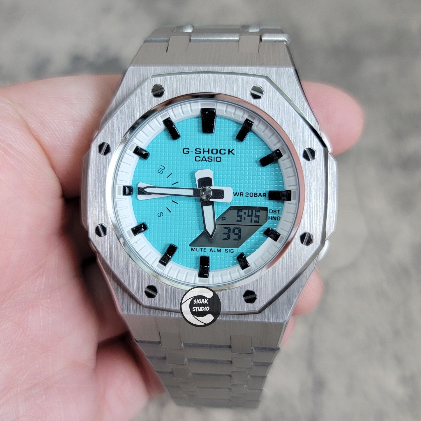 Casioak Mod Watch Silver Case Metal Strap White Black Time Mark Tiffany Blue Dial 42mm - Casioak Studio