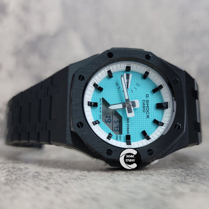 Casioak Mod Watch Black Case Metal Strap White Black Time Mark Tiffany Blue Dial 42mm - Casioak Studio