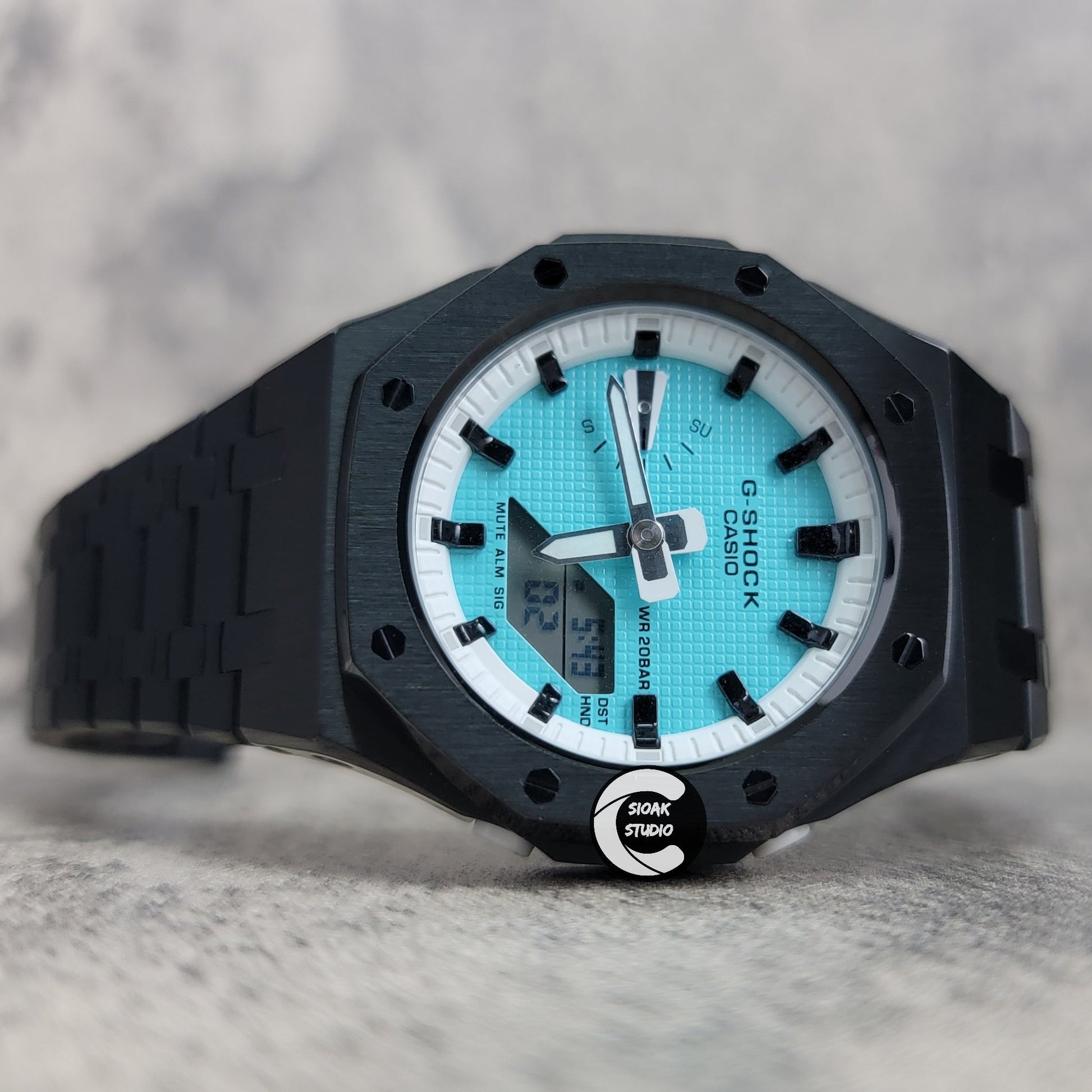 Casioak Mod Watch Black Case Metal Strap White Black Time Mark Tiffany Blue Dial 42mm - Casioak Studio