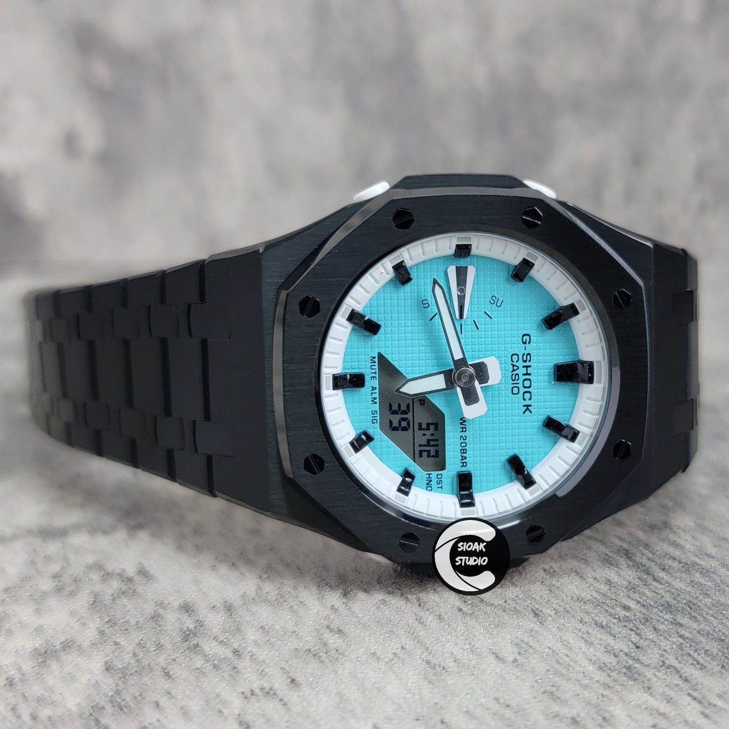 Casioak Mod Watch Black Case Metal Strap White Black Time Mark Tiffany Blue Dial 42mm - Casioak Studio