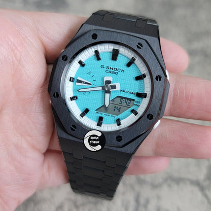 Casioak Mod Watch Black Case Metal Strap White Black Time Mark Tiffany Blue Dial 42mm - Casioak Studio